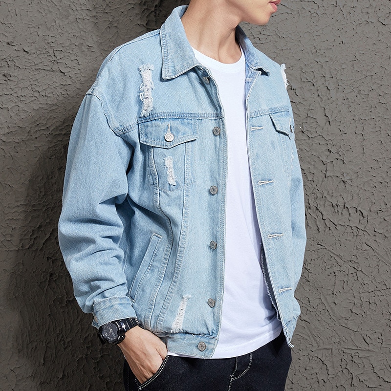 Autumn Solid Casual Slim Mens Denim Jacket Bomber Jacket Men Tearing Hole Cowboy Men's Jean Jacket Chaqueta Hombre