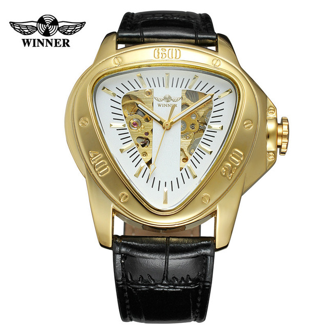 WINNER Men Automatic Mechanical Watches Steampunk Triangle Golden Skeleton Movement Mysterious Luminous: gold white