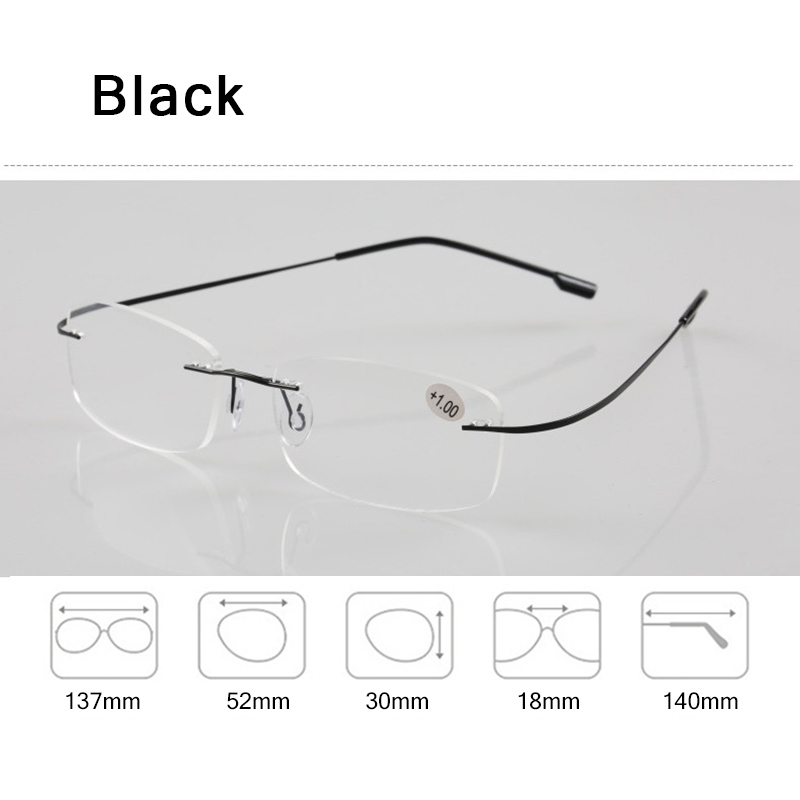 Uindfattede læsebriller mænd kvinder anti-blåt lys ultralette hukommelsesbriller titanium presbyopiske briller dioptri hd-linse  +1.0 +4.0: Sort / +400