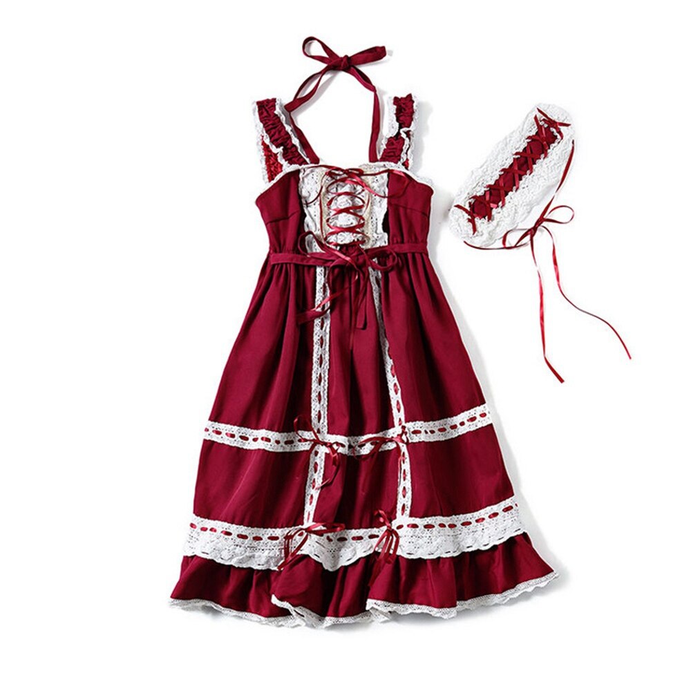 Lolita Princess Dress Sweet Ruffle JSK Dresses Lace UP Loli Straped Dress Kawaii Girl Women Vestidos With Headband AFC769
