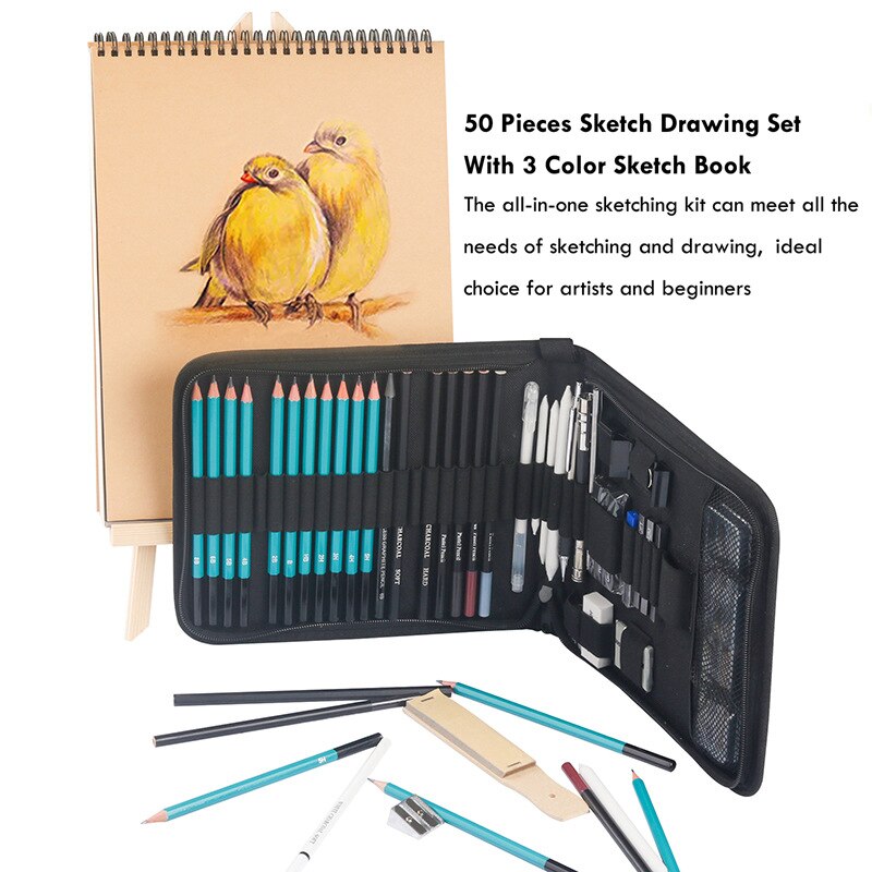 Drawing Sketching Art Set 50-Piece Ultimate Complete Artist Kit Graphite and Charcoal Pencils Sticks Pastels Erasers