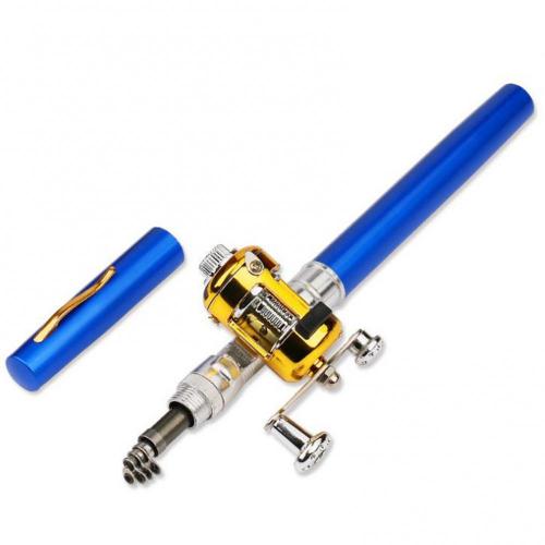 Portable Fishing Telescopic Pole Pen Shape Folded River Lake Rod with Reel Wheel: Blue