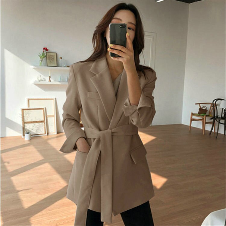 Blazer taille haute avec ceinture pour femme, vêtement d'extérieur, coupe cintrée, noir et Beige, à manches longues, pour le travail et le bureau, collection automne: Marron / XXL