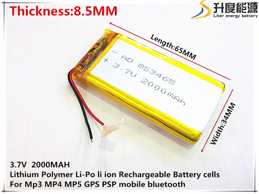 li-po 3.7V 2000mAh 853465 Lithium Polymer Li-Po li ion Rechargeable Battery cells For Mp3 MP4 MP5 GPS mobile
