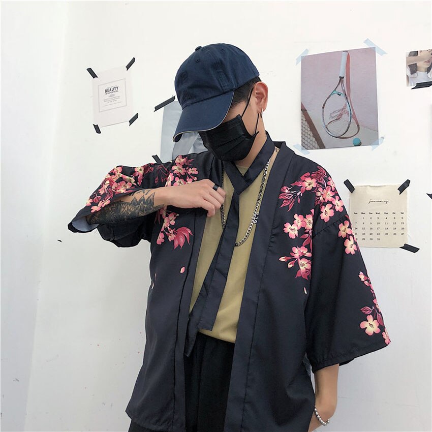 Japanese Traditional Costumes Sakura Kimono Cardigan Man Woman Lover&#39;s Clothes Beach Robe Haori Yukata Bushido Outfits: Black / L