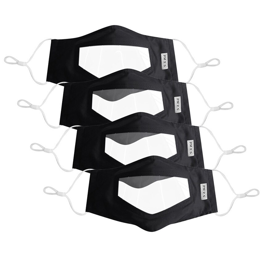 4pc Face Mas/k With Clear Window Visible Expression For The Deaf And Hard Of Hearing Transparent Screen Mouth Cover: Black