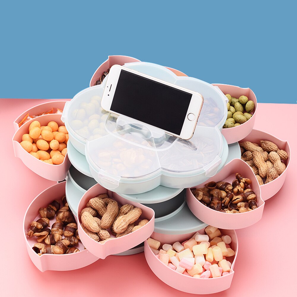 Bandeja giratoria para dulces con forma de pétalo de tres pisos, caja de almacenamiento de alimentos, platos de dulces de boda, organizador de compartimentos para frutas secas