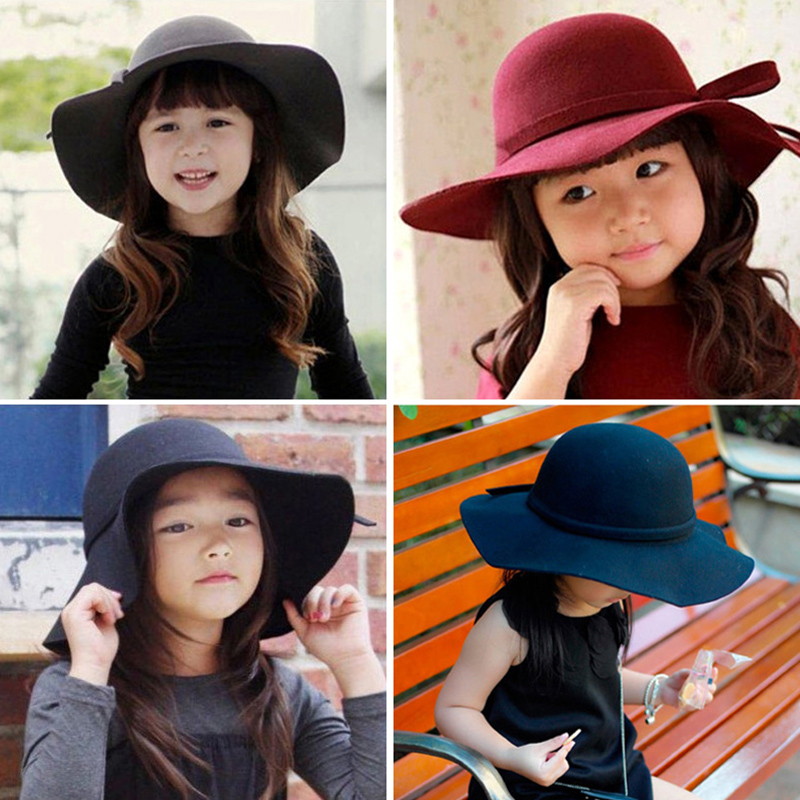 Meisje Herfst Lente Fedora Hoed Vintage Wolvilt Brede Rand Hoeden Kids Strik Floppy Zon Strand Cap