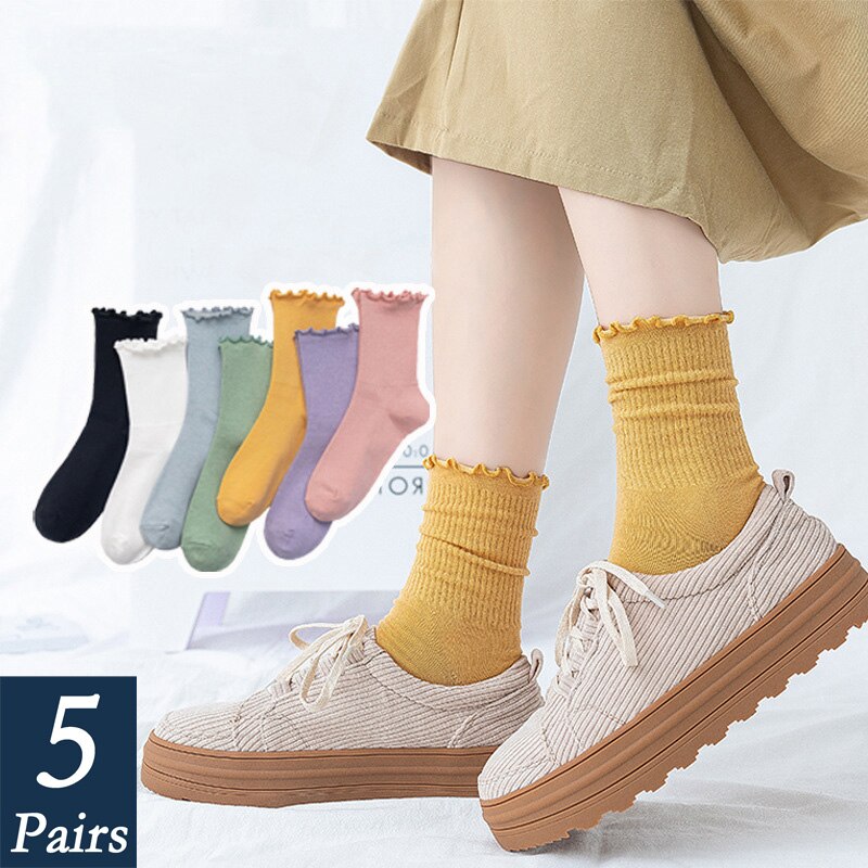 Calcetines con volantes de princesa para mujer, calcetín, colores sólidos, para la universidad, dulces, 5 pares