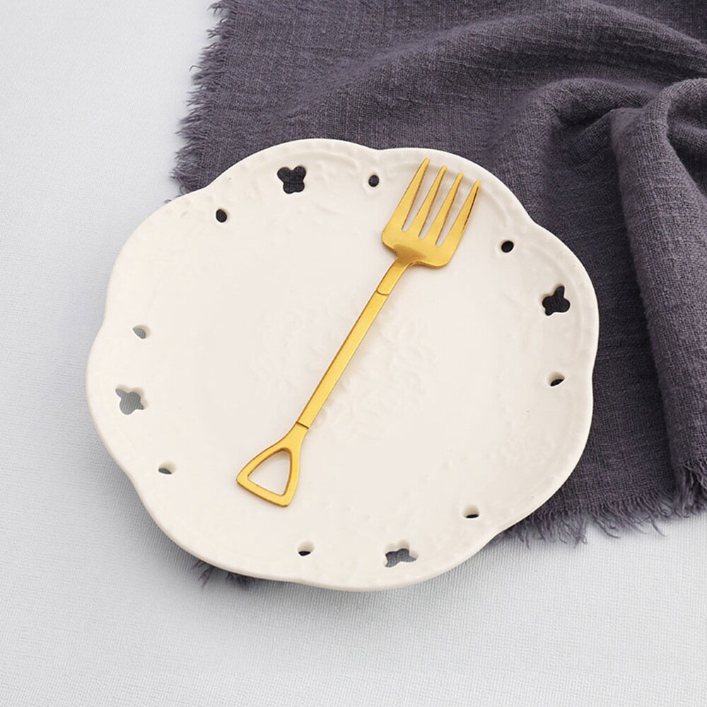 Kitchen Stainless Steel Dessert Shovel Spoon and Fork Picnic Travel Cute Ice Cream Spoon Fruit Fork Set: Fork(gold )