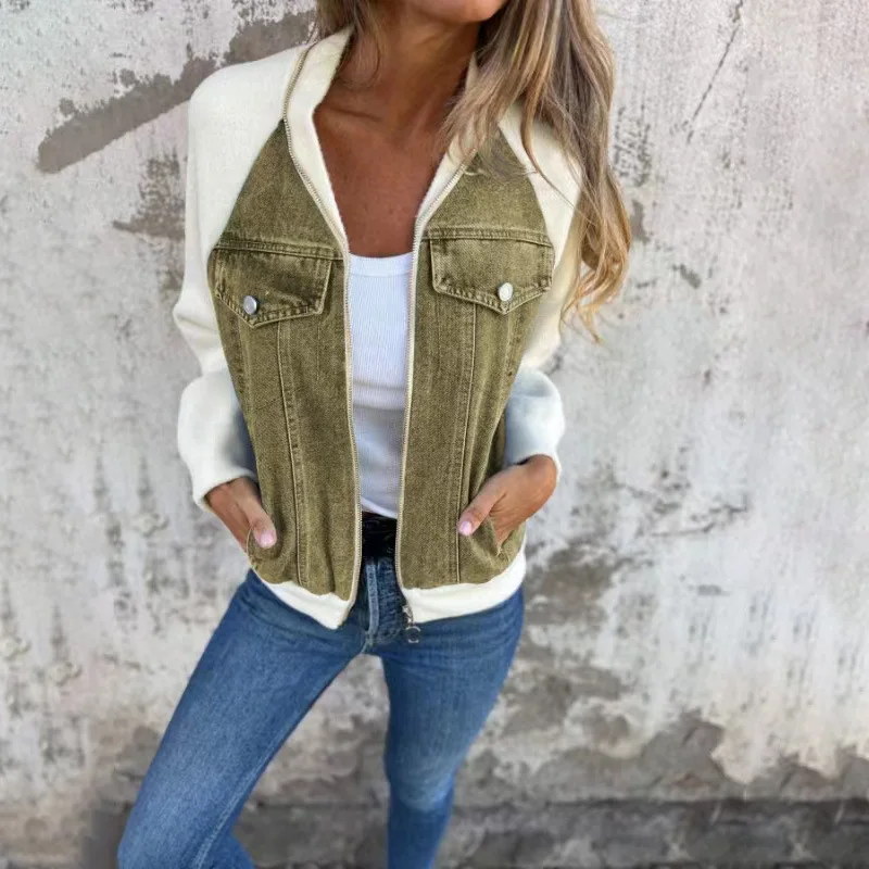 Patchwork-Stil schöNe Stehkragen Jacken weiblichen Reiß verschluss wilde schlanke Jeans mäntel Spitzen Herbst Winter Oberbekleidung