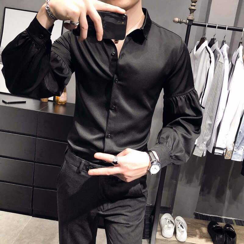 Couleur unie hommes chemises manches bouffantes discothèque scène fête sociale Blouse Chemise Homme coupe mince Streetwear hommes vêtements Camisas