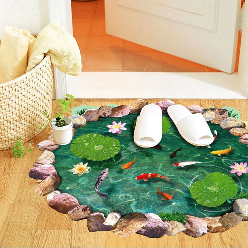 3D lotus pond Fish Floor sticker bathroom living room floor decoration mural for home decor wall decals wallpaper stickers