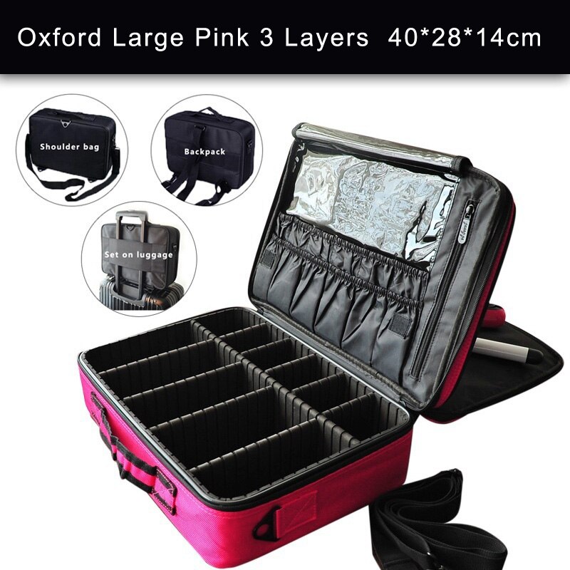 Leather Clapboard Cosmetic Bag Make Up Box Large Capacity Storage Handbag Travel Insert Toiletry Makeup suitcase: Large Oxford Pink