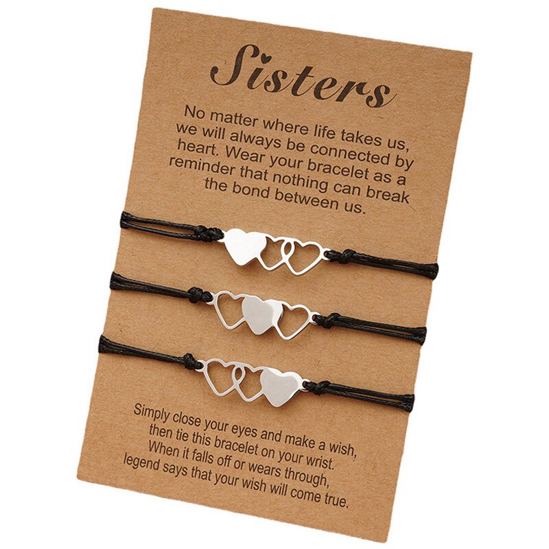 3 pçs correspondência coração irmã cartão pulseira de aço inoxidável artesanal trançado charme pulseira amizade jóias presente para meninas