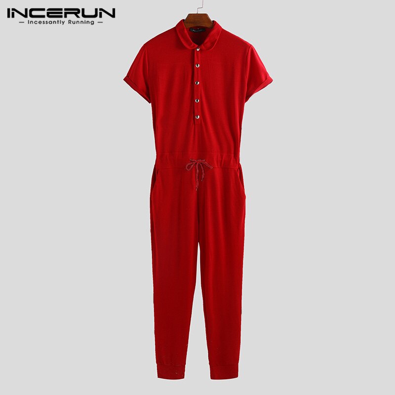 Incerun menn jumpsuit lapel neck rompers solid shortsleeve fitness hiphop bodybuilding menn overalls bukser streetwear s -5xl: L / Vinrød