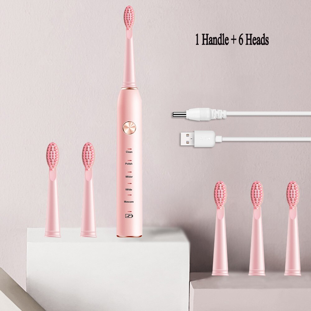 Sonic Electric Toothbrush USB Rechargeable 5 Modes Ultrasonic Automatic Brush Timer Waterproof Dental Brush Teeth Whitening: 6 heads