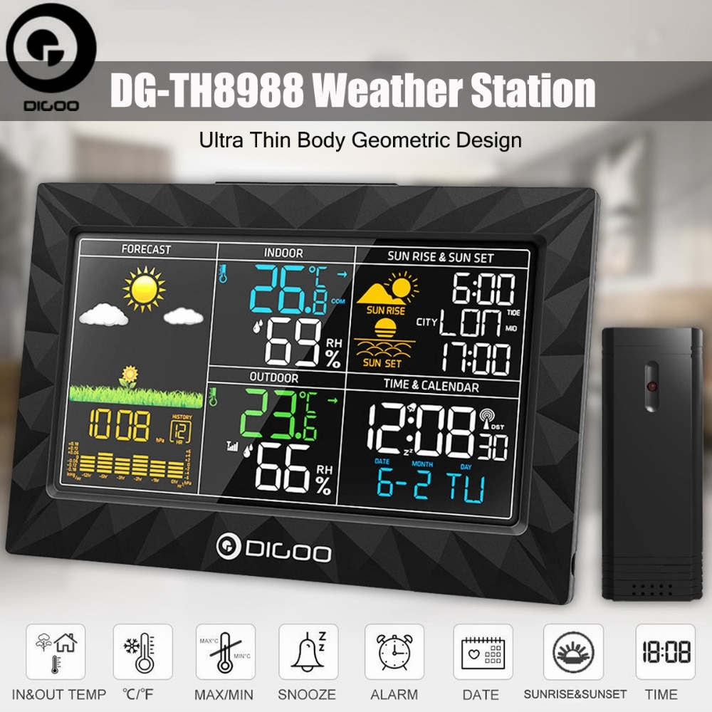 DIGOO DG-TH8988 Station météo lever du soleil coucher du soleil affichage extérieur intérieur thermomètre hygromètre température humidité capteur à distance