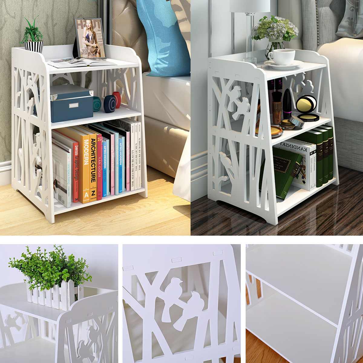 Home White Bedside Table Shelf Rack Hollow Carved Modern Simple Cabinet Nightstand Storage Organizer Living Room Bedroom