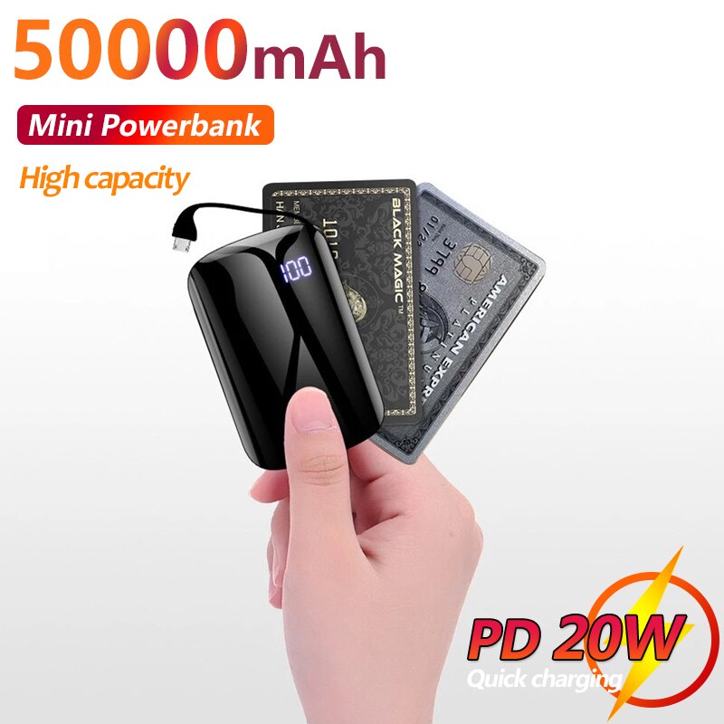 50000Mah Mini Mobile Power Bank Ingebouwde Opladen Kabel Voor Snel Opladen Draagbare Externe Batterij Voor Samsung Xiaomi mi Iphone
