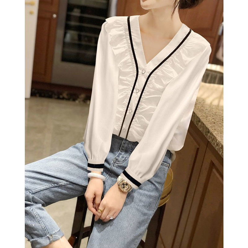 Blusa holgada de estilo coreano para mujer, camisa informal con cuello Diagonal, volantes, encaje, Patchwork, , primavera y verano, novedad: XXL / Marfíl