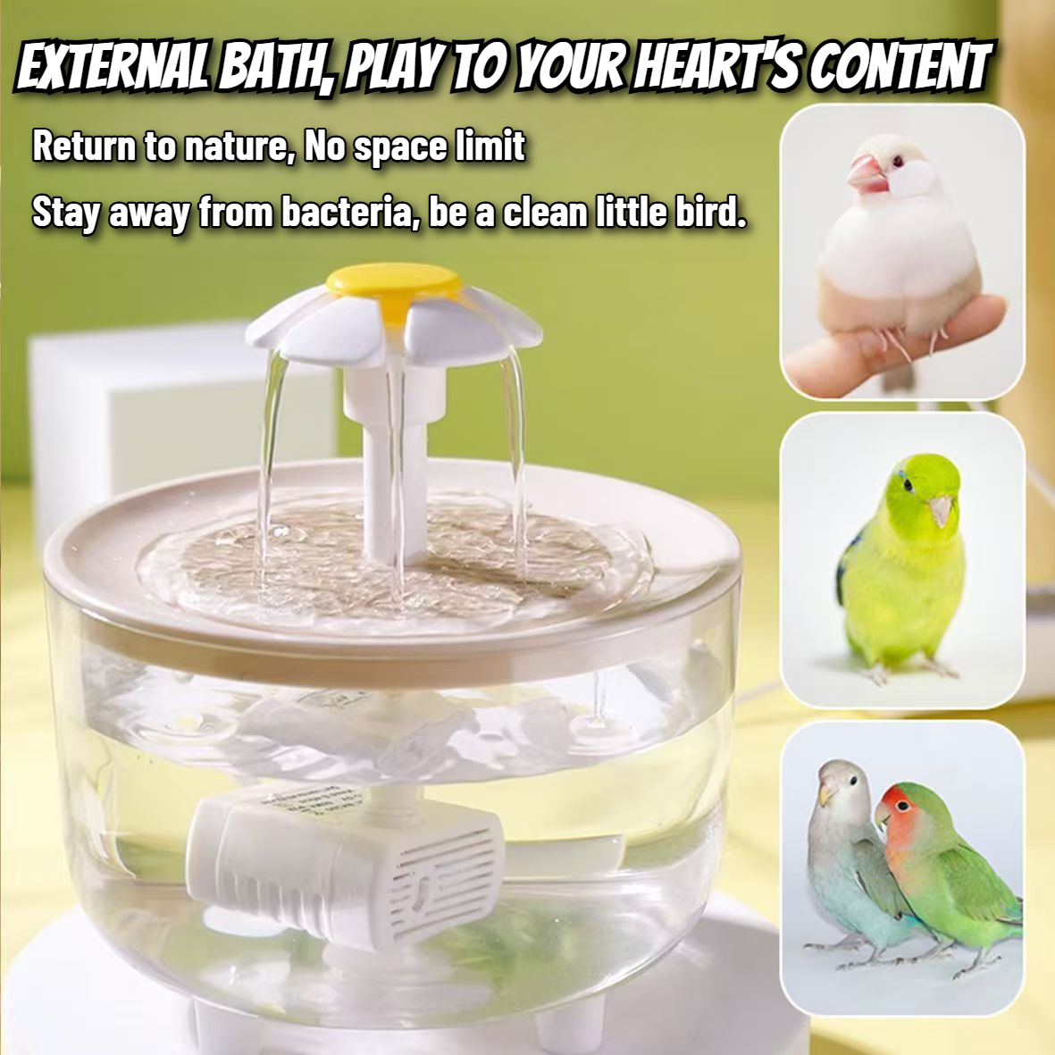 Bain de perroquets 2 en 1 à circulation automatique et fontaine d'eau pour animaux de compagnie, sans goutte pour petits animaux de compagnie, jouets pour animaux de compagnie alimentés par USB, jouets pour oiseaux