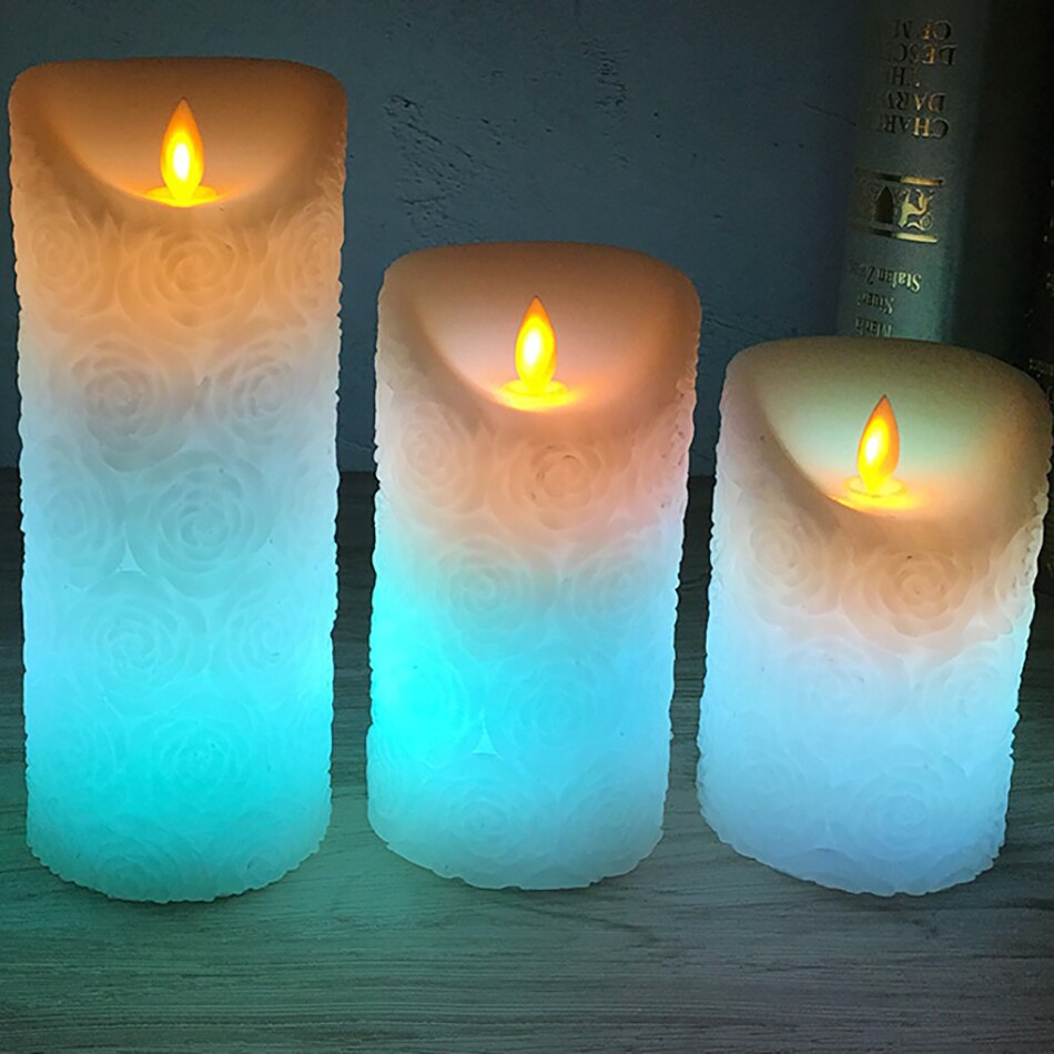 Remote wax rose embossed RGB pillar led candle, flameless rose wedding candle decoration,Christmas Year decoration for home