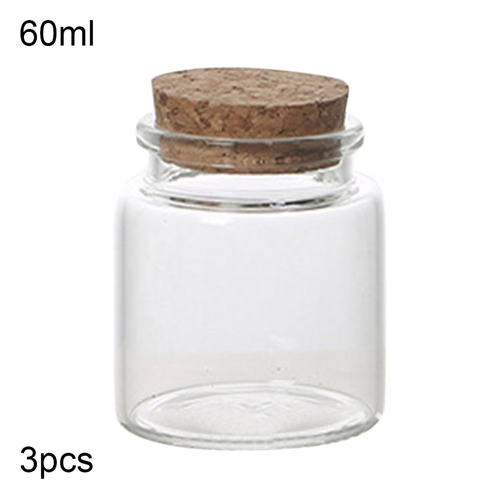 3Pcs 50/60/90/100/120/150ml Transparent Cork Stopper Glass Bottles Jar Vials: 60ml