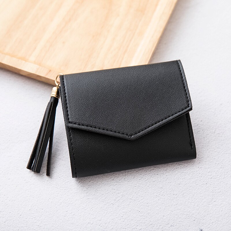 Women Tassel Love Heart Mini Wallets Black Pu Leather Coin Purse Simple All-match Student Card Holdeer Bag: Black 2