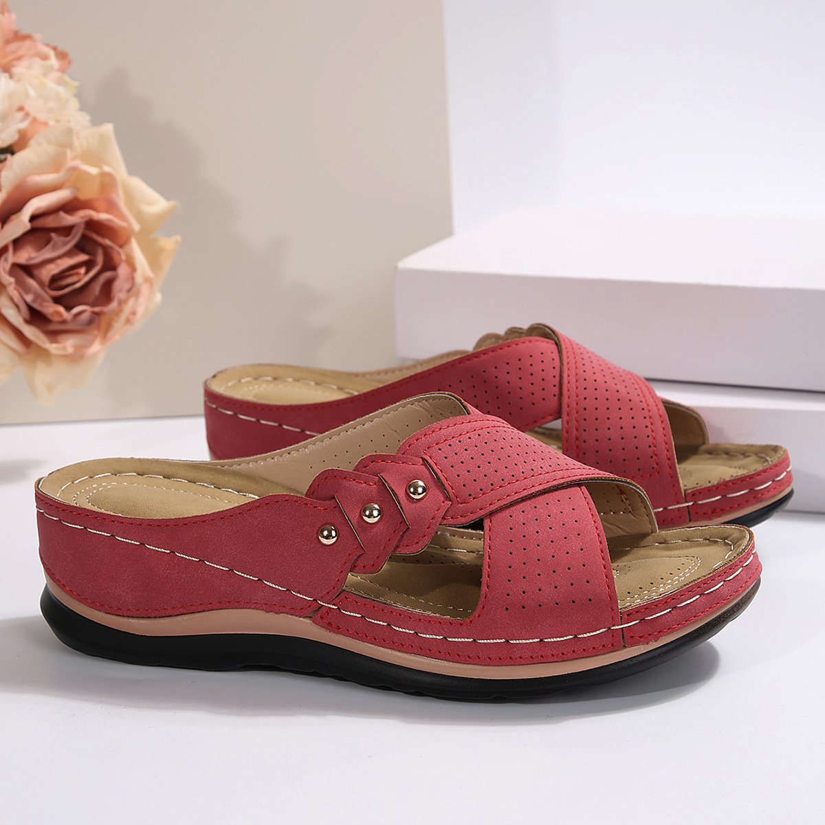 Vintage Mid Hak Strappy Rug Open Teen Slide Sandalen-Zachte Faux Lederen Bovenkant, Comfortabele Pu-Zool Comfortabele Schoenen Voor Dames: Rood / 37