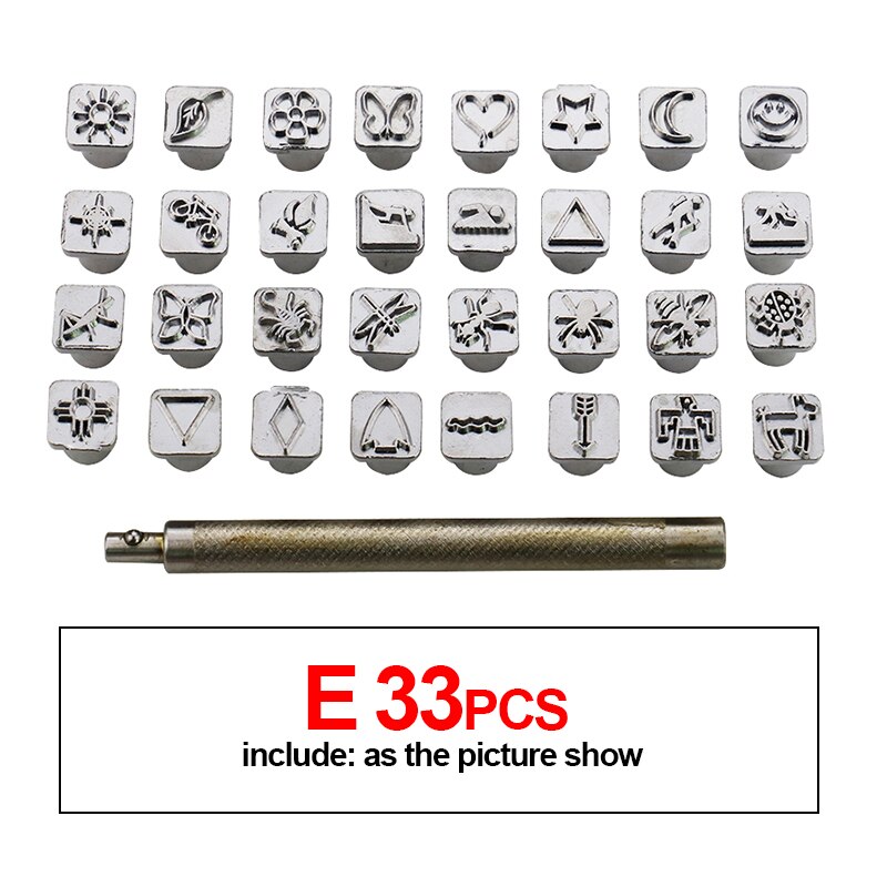 Stylish Leather Engrave Stamping Tools with Hammer and Board, Handmade Special Print on Bag or Leather Fabric, Leather Supplies: E 33PCS