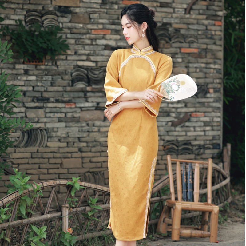 Yellow Modern Slim Qipao Traditional Robe Orientale Chinese Dress Women Ethnic Style Vintage Autumn Simple Cheongsam