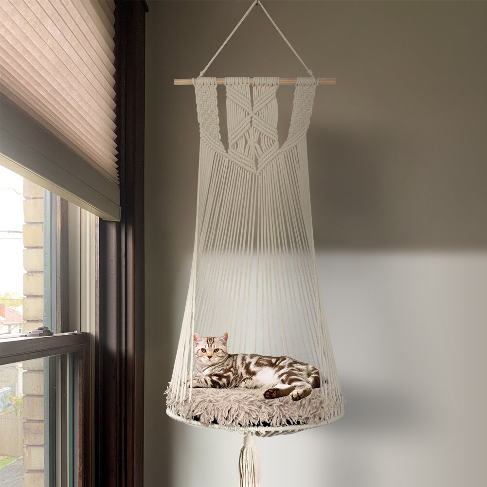 Hamac pour chat, panier suspendu tissé à la main avec tapis en macramé, lit-balançoire, maison pour animaux de compagnie, bohème, maison pour animaux de compagnie