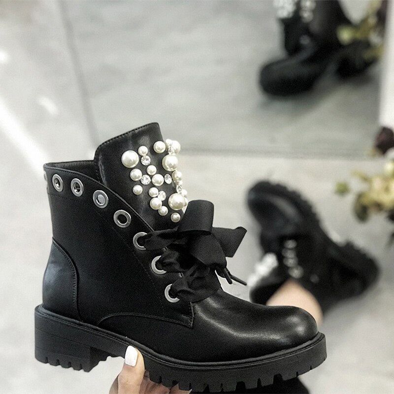 Botines con cordones de perlas para mujer, tacones medios de cuero PU de gran tamaño para mujer, calzado de plataforma para mujer, zapatos casuales de costura para mujer