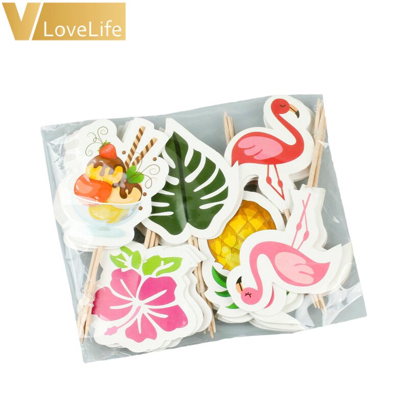 24pcs/lot Flamingo Cake Toppers Pineapple Flower Leaves Summer Birthday Party Decor Cupcake Topper Hawaiian Tropical Wedding