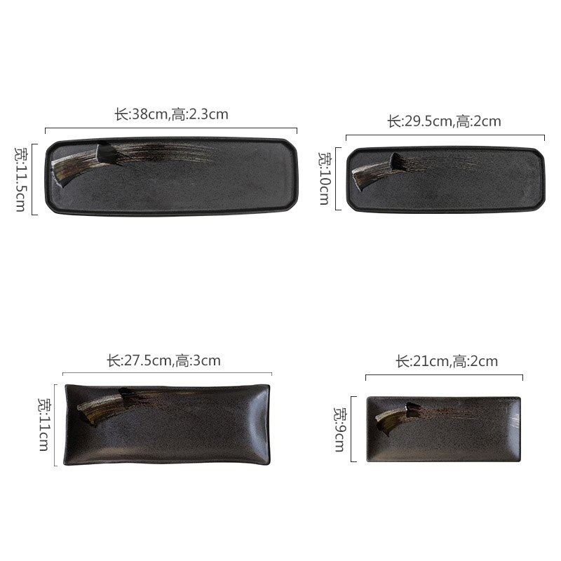 12 Inch Japanese Ceramic Black Sushi Dessert Tray Retro Rectangular Tableware Modern Household Dish Tray Sushi Kitchen Tableware