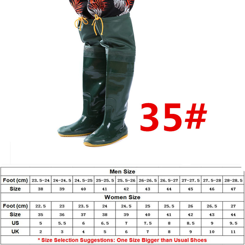 Højspring udendørs fiskeri waders sko over knæhøjde pvc materiale blød sål fiskeri waders unisex multifunktions fiske waders: 35