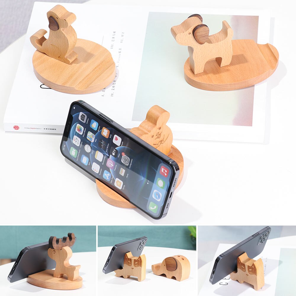 Solid Wood Animal Bracket Phone Holder Desk Stand Foldable Desk Holder Stand Car Home Mount Bracket