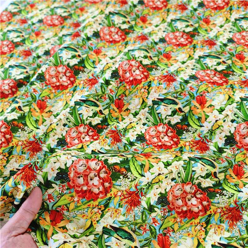 Cotton Fabric European Flower Oil Painting Pastoral for Sewing Clothes Dresses DIY Handmade by half Meter: SKY BLUE
