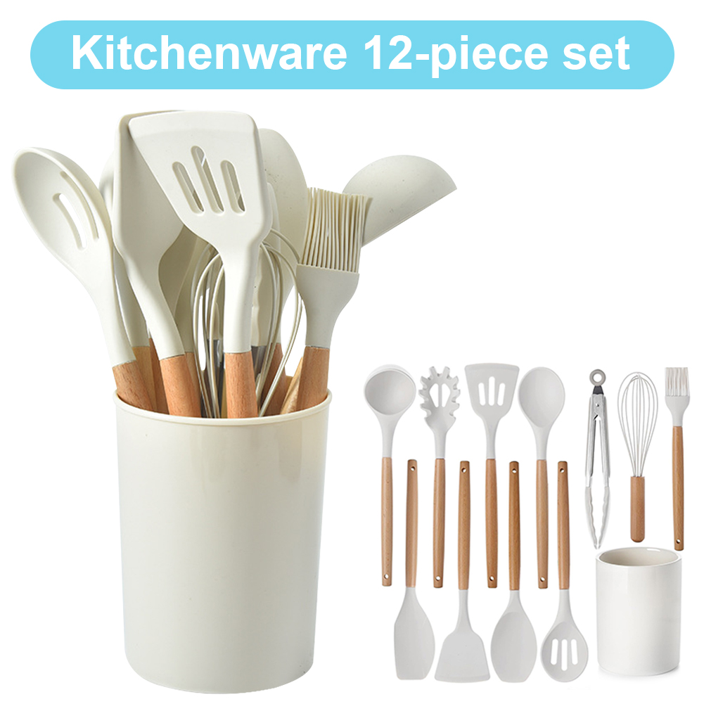 12Pcs Kitchen Utensil Set Cooking Tools Kit with Holder Heat-Resistant Cookware Spatula Spoon Brush Whisk Kitchen Supplies: Dark Khaki