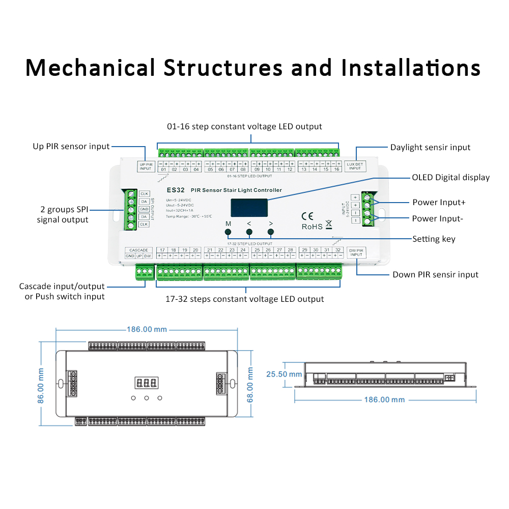 Controlador de luz de escalera ES32 con PIR, interruptor de Sensor inductivo infrarrojo de cuerpo humano, lámpara nocturna de escalera de 32 pasos, Control de iluminación