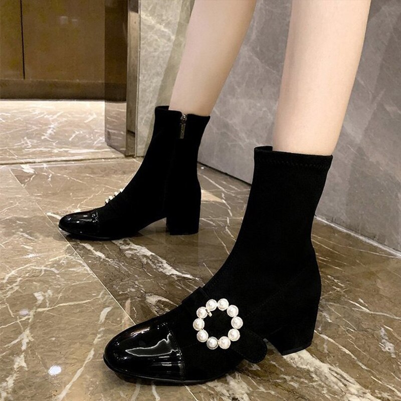 Dames enkellaarsjes dames winterschoenen dames rits middelhoge hak parel bloem pu puntige neus comfortabele damesschoen vrouwen