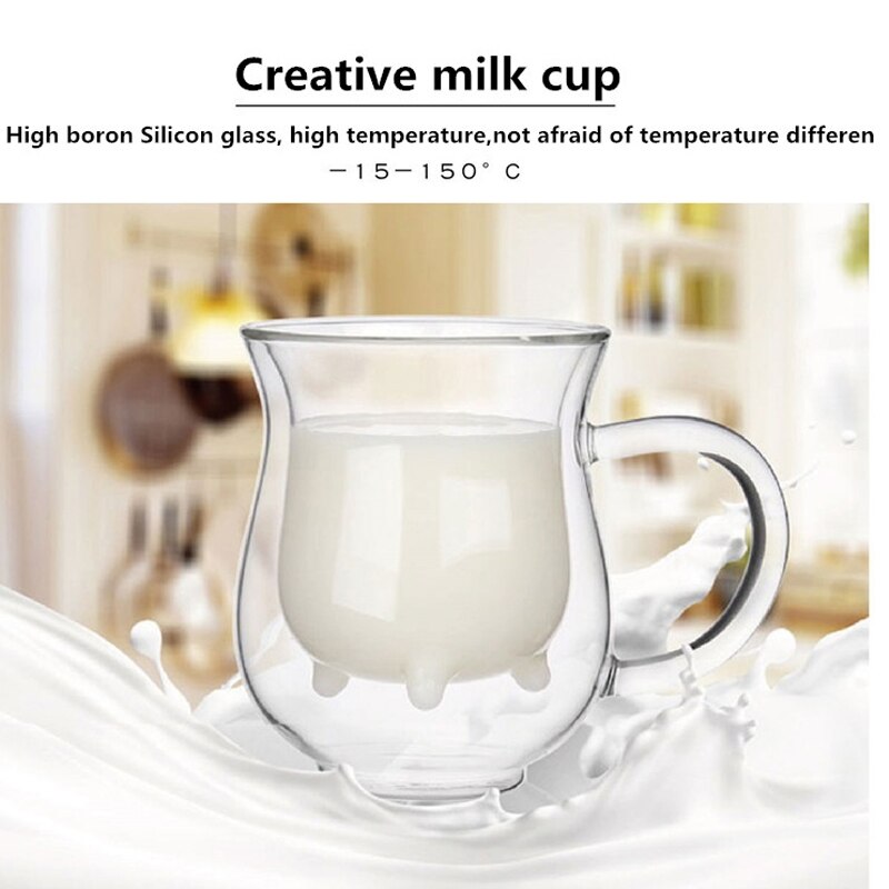 Double Wall Milk Glass Cup Cow Udder Shape Tea Cup Juice Water Coffee Mug Handle Glass Clear Wine Beer Jar Kitchen Drinkware