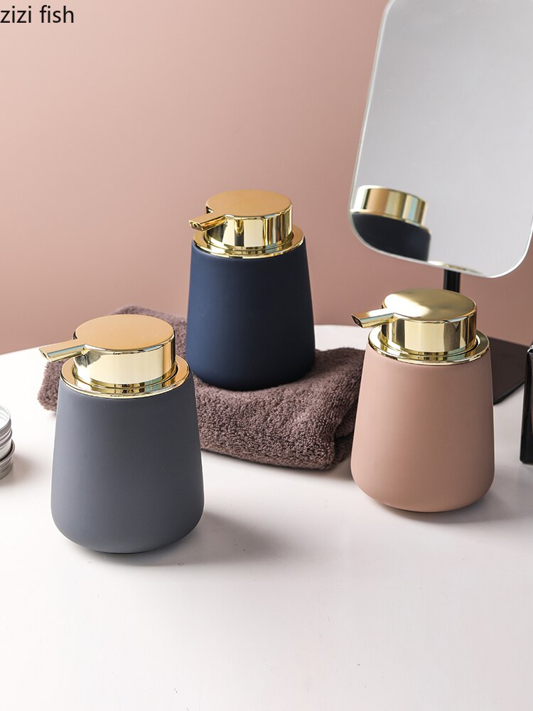 Simple Ceramic Hand Sanitizer Shampoo Bottle 350ml Portable Soap Dispenser 400ml Mouth Cup Golden Squeeze Cover Bath Supplies