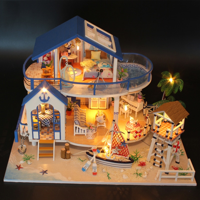 Miniatura Holz Puppenhaus DIY Mini Villa modell Möbel Miniaturas Puppenhaus Spielzeug für freundlicher Legende Der Blau Meer