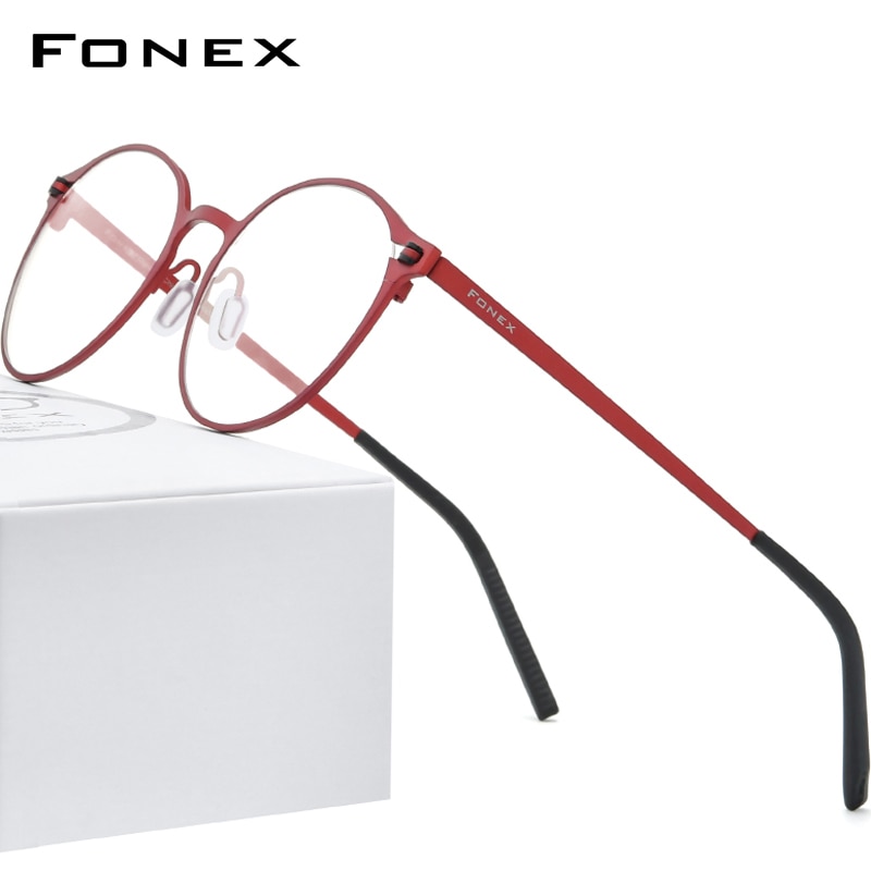 FONEX Pure Titanium Glasses Frame Women Retro Round Prescription Eyeglasses Men Antiskid Optical Screwless Eyewear 8530: Red