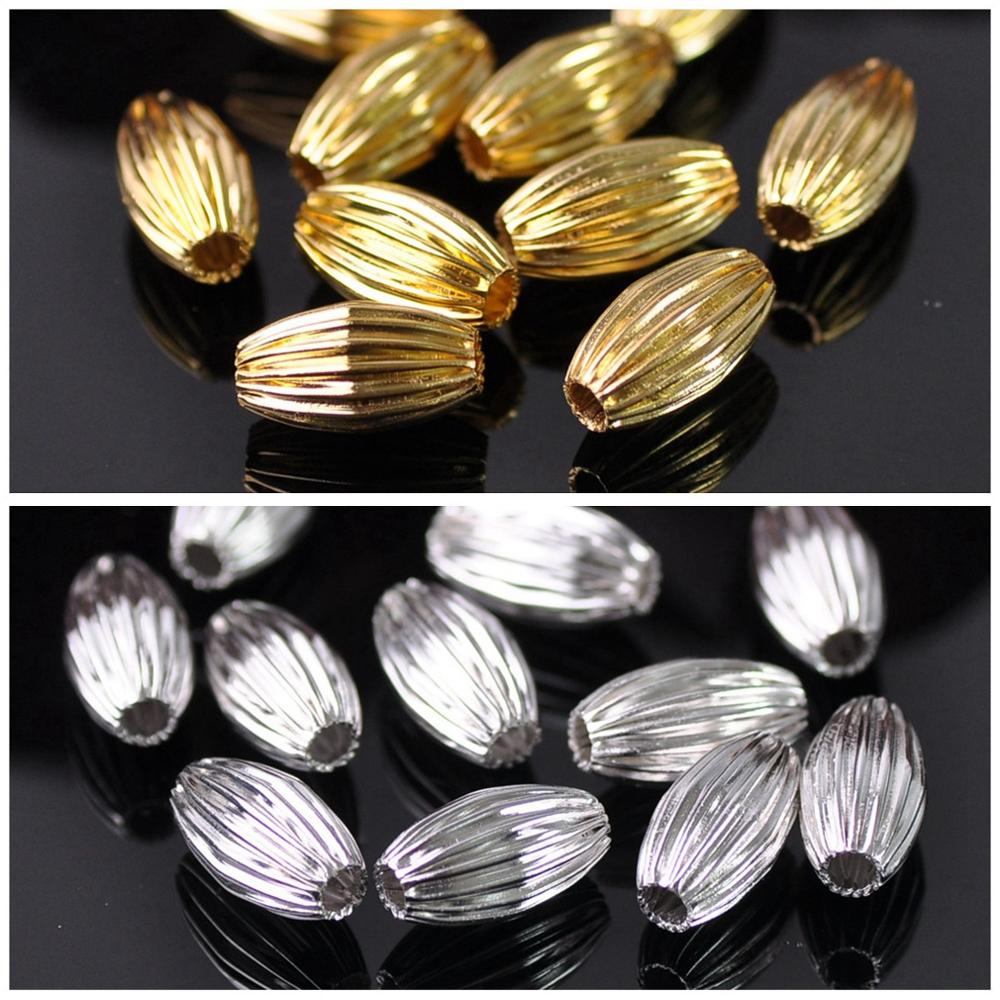 50pcs Gold Plated Color Oval 5x8mm 6x10mm 7x12mm Hollow Plicated Metal Brass Loose Beads lot for Jewelry Making DIY Crafts