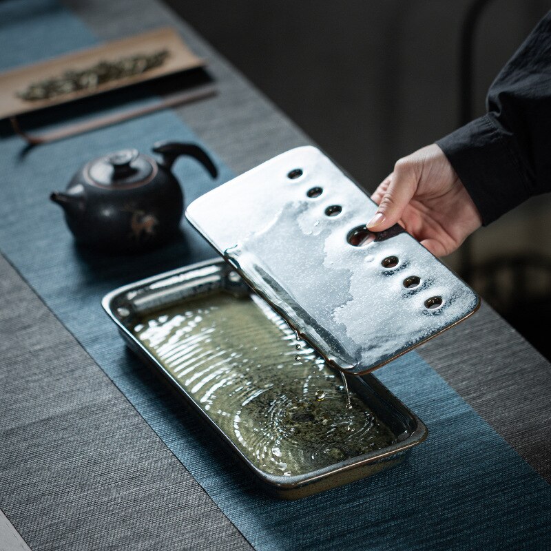 Ceramic Tea Tray Japanese-Style Small Household Rectangular Double-Layer Water Storage Dry Pour Tea Tray Kungfu Tea Tray