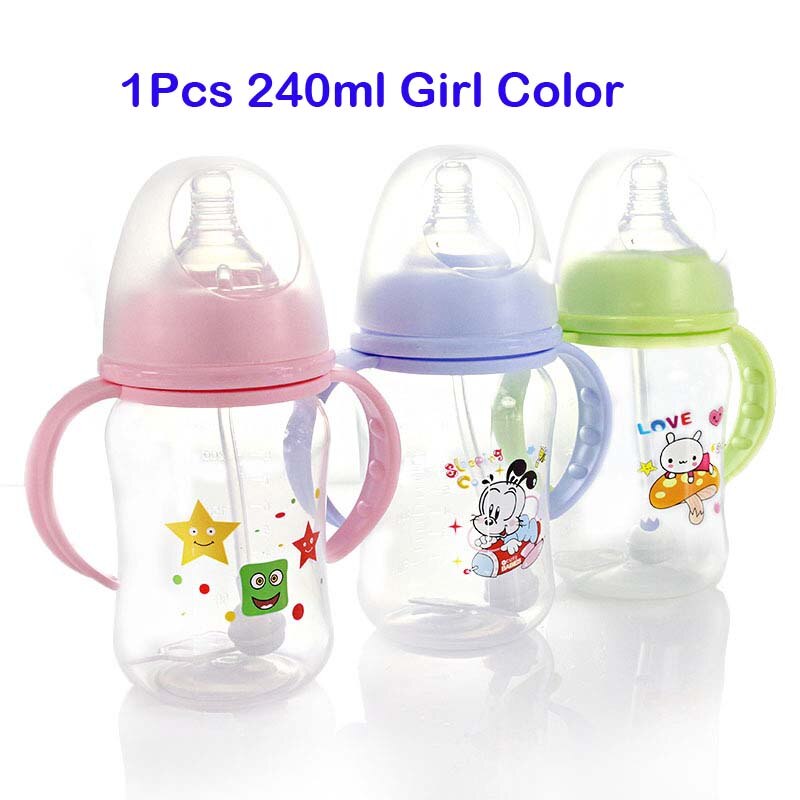 240Ml Baby Melk Fles Brede Hals Bpa Gratis Zachte Siliconen Zuigfles Met Feeder En Handvat Voor kids: 240ML Girl Color