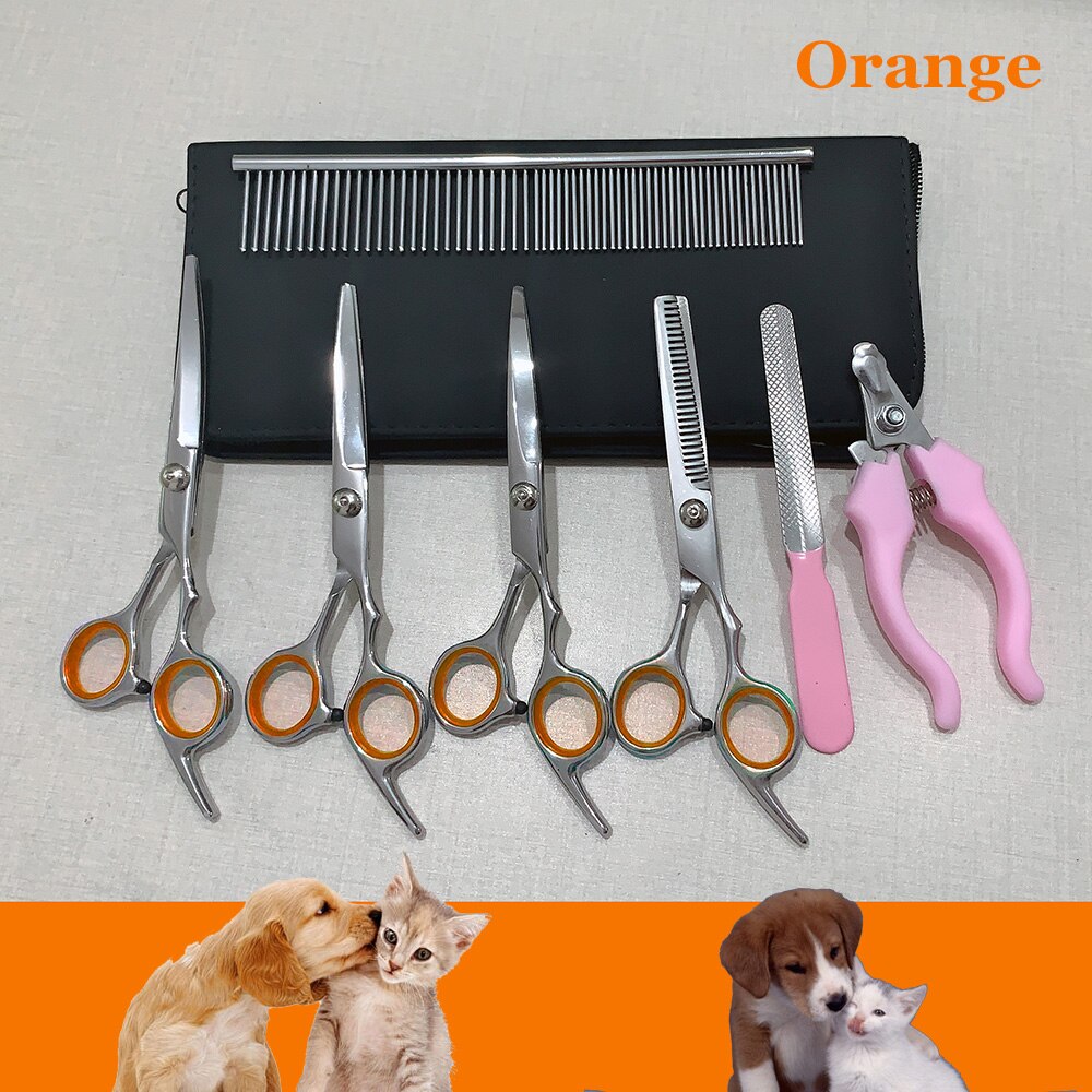 Pet scissors Straight &Thinning & Curved scissors 3pcs set +comb for dog grooming dogs shears hair cutter 7.0 inch: orange-x4
